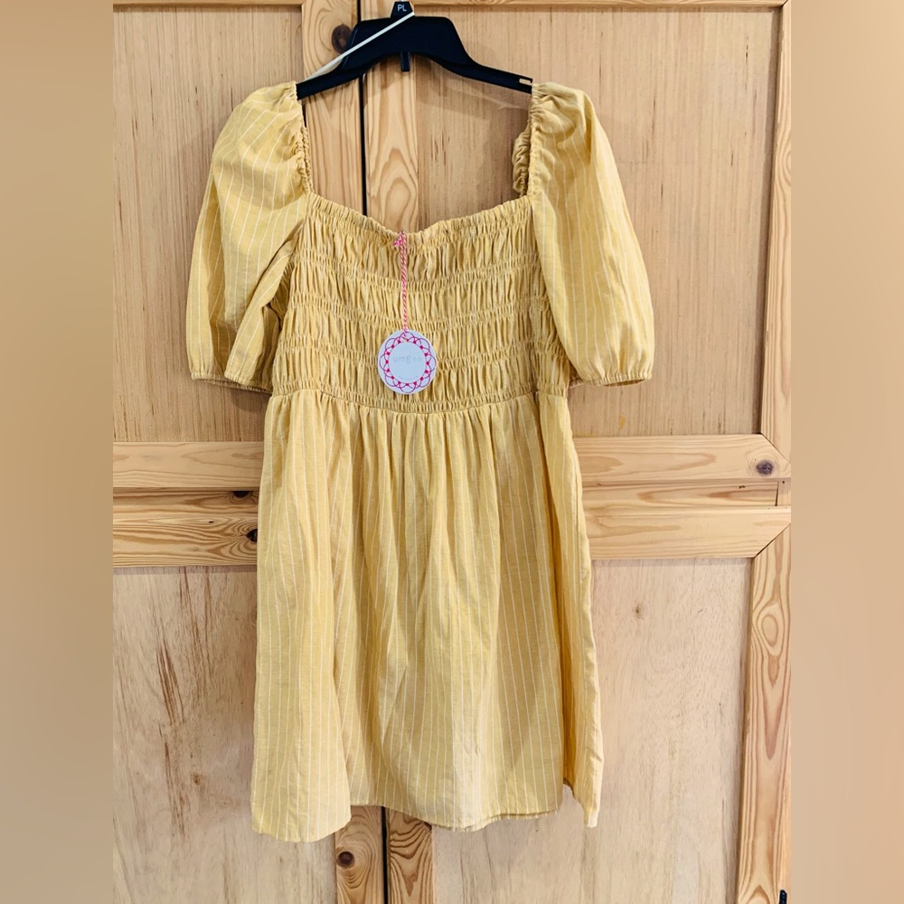 Umgee Yellow Pinstripe Smocked Puff Sleeve Mini Dress